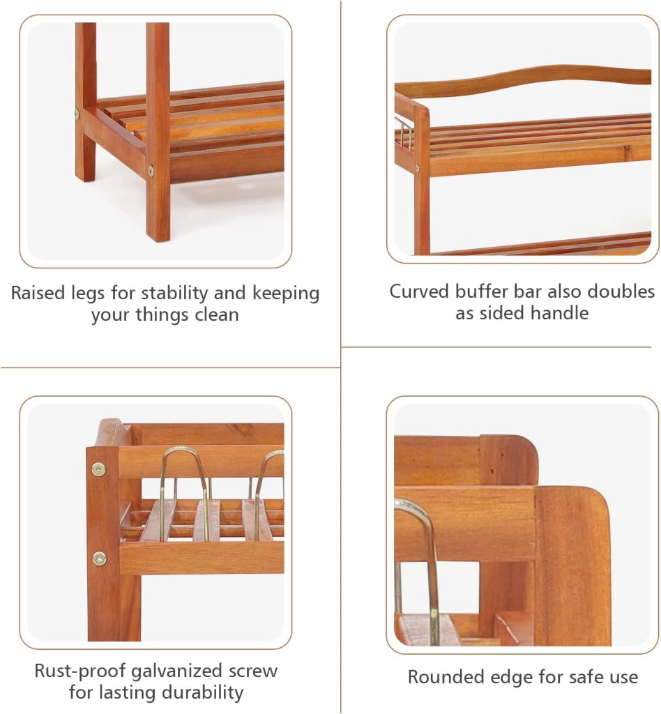 Scarpiera 2/3Ripiani in Legno di Acacia, Scaffale Portascarpe con Ganci Metallici Laterali, Gambe Rialzate, Ogni Piano può Contenere 4-6 Paia (3 livelli)