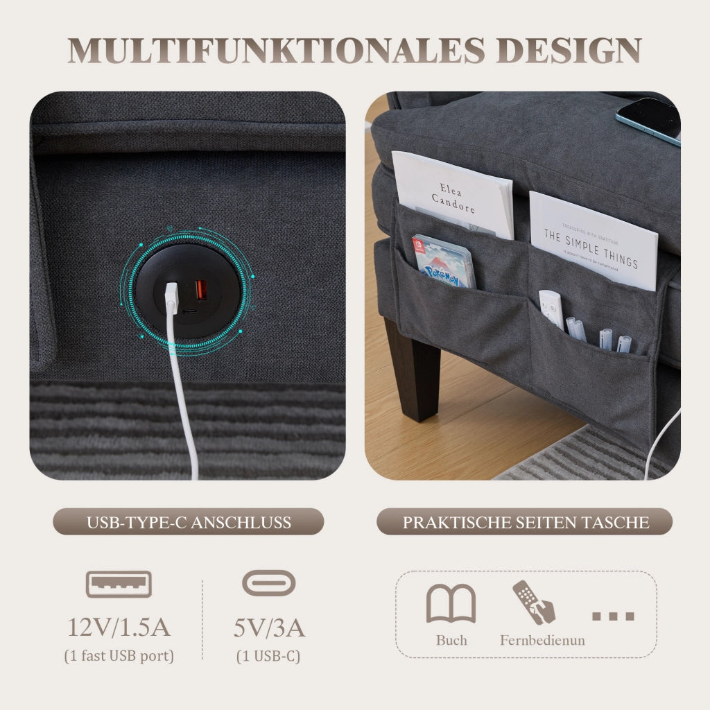 Divano a U a 4 posti in tessuto di lino con tasche laterali, porte USB tipo C e due chaise longue, grigio scuro