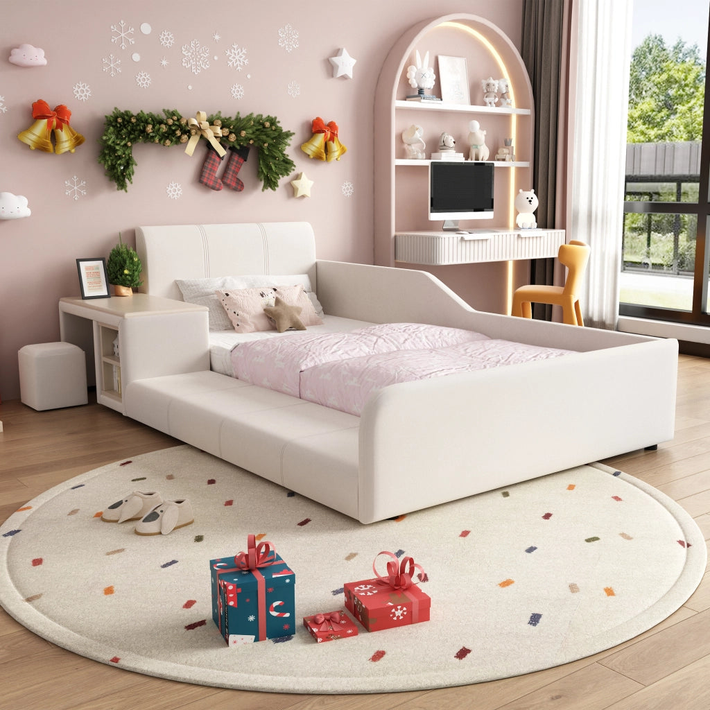 Letto imbottito per bambini con scrivania; sgabello e ripiano; velluto bianco; 90x200 cm; senza materasso