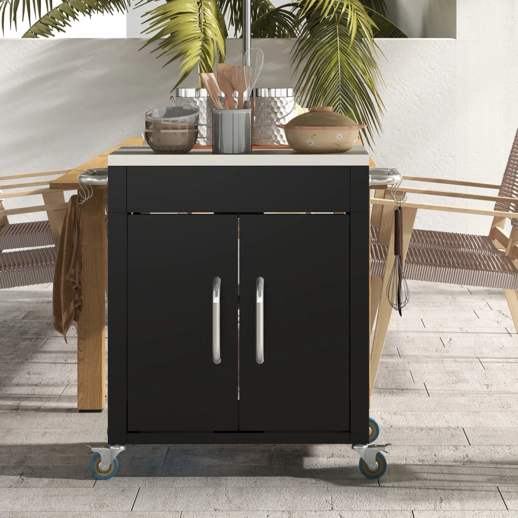 Carrello da cucina con ruote, armadietto, piano in acciaio inox, ganci cromati, nero 86x50x86,5 cm