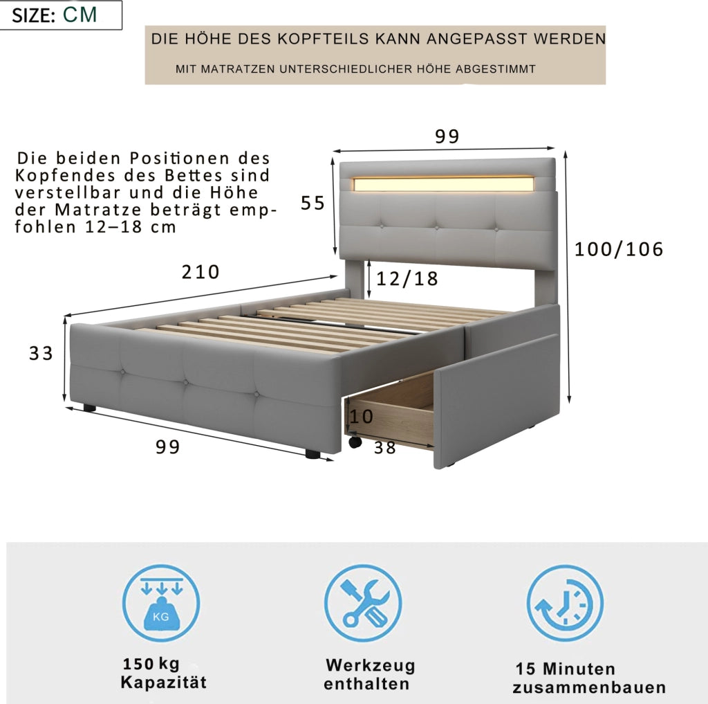 Letto singolo 90x200 cm imbottito con LED e 2 cassetti; grigio