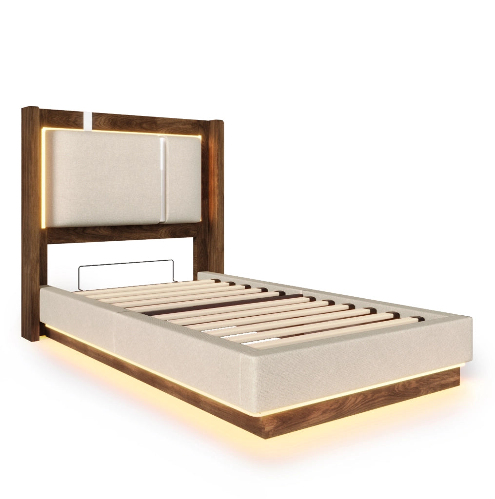 Letto imbottito ULEVR 90x200 cm con contenitore idraulico, LED e rete a doghe, beige e noce