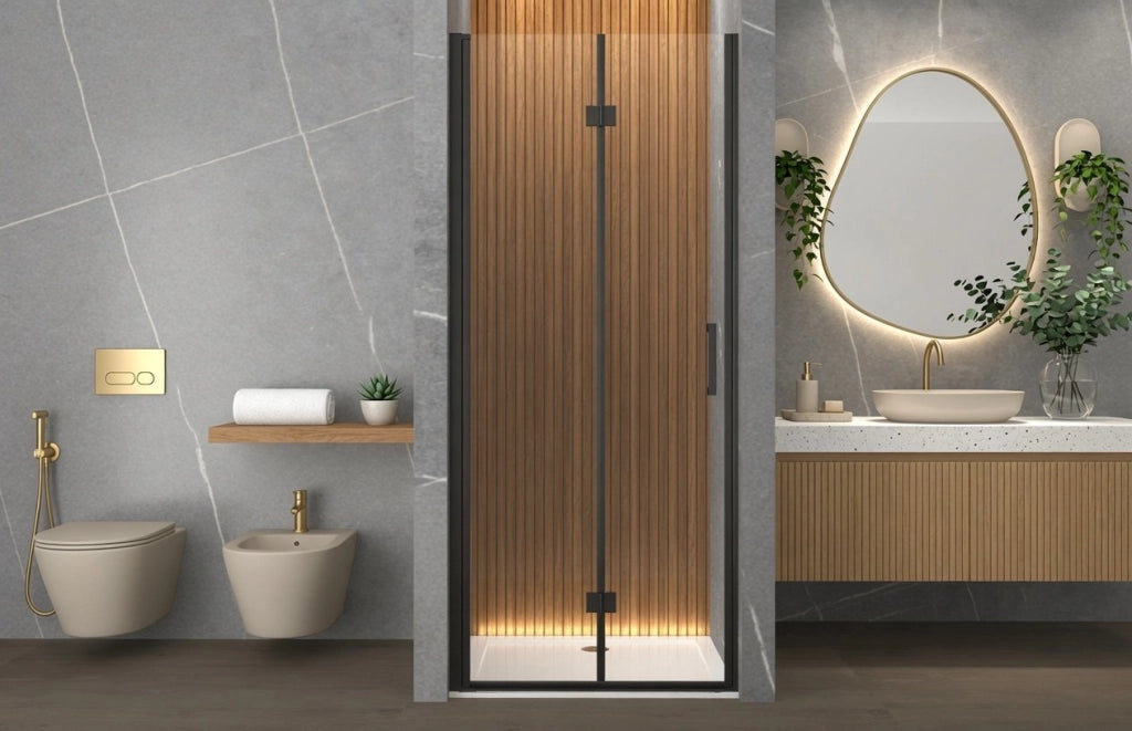 Box doccia 120 cm apertura a SOFFIETTO nicchia H200 cm cristallo 6mm profilo Nero Opaco LIAM