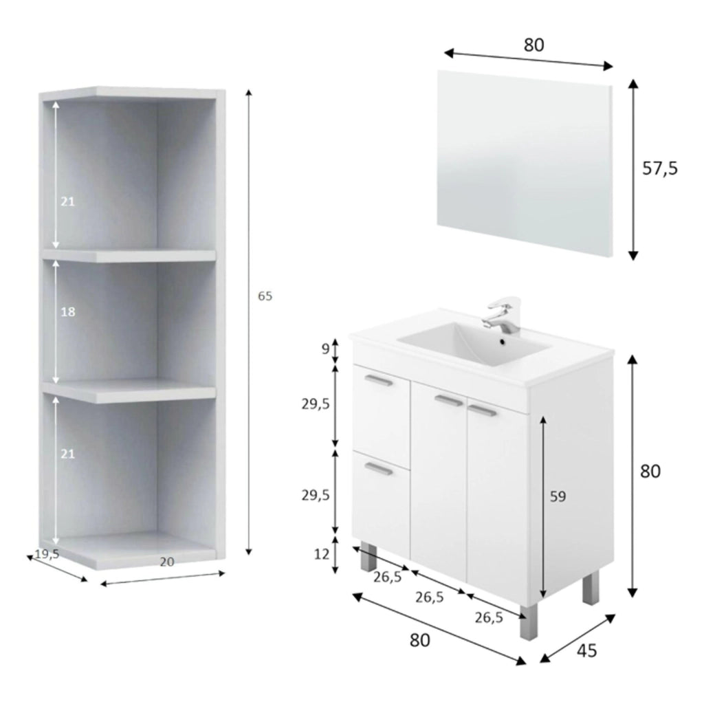 Trecase, set Mobili Bagno Specchio Incluso, Bianco Lucido