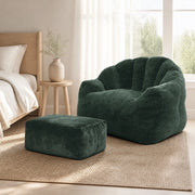 Fauteuil con pouf in ciniglia con schienale a petali e imbottitura ad alta resilienza verde scuro per relax
