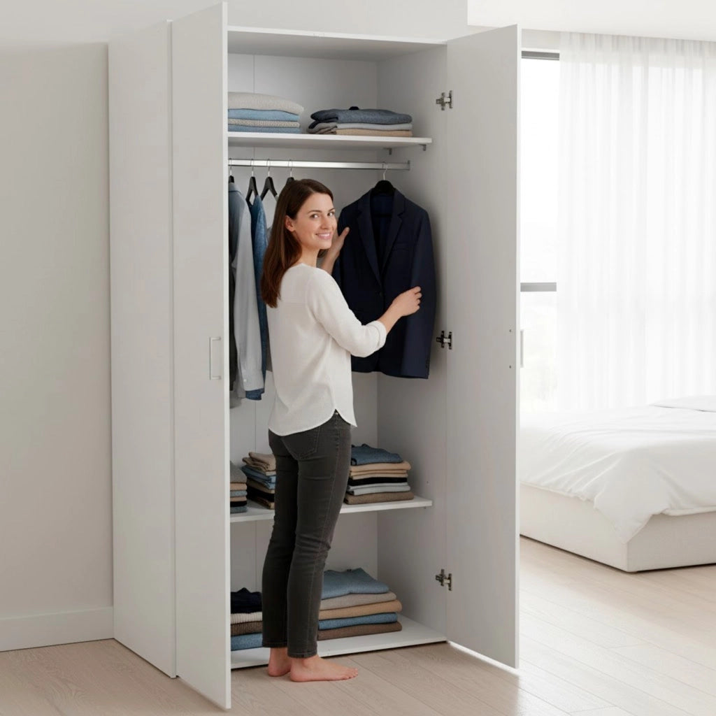 Armadio Multiuso Con 2 Ante Armadietto Battente Design Moderno Salvaspazio Vano Con Barra Appendiabiti E Ripiani Camera Da Letto Ingresso Lavanderia 77.6 x 49.52 x 175.4 Cm Bianco