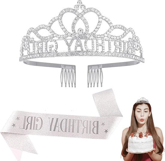 Corona di compleanno tiara per donne e ragazze | Set di tiara con strass e nastri | Cintura di compleanno e tiara (argento) | Materiale in grande plastica