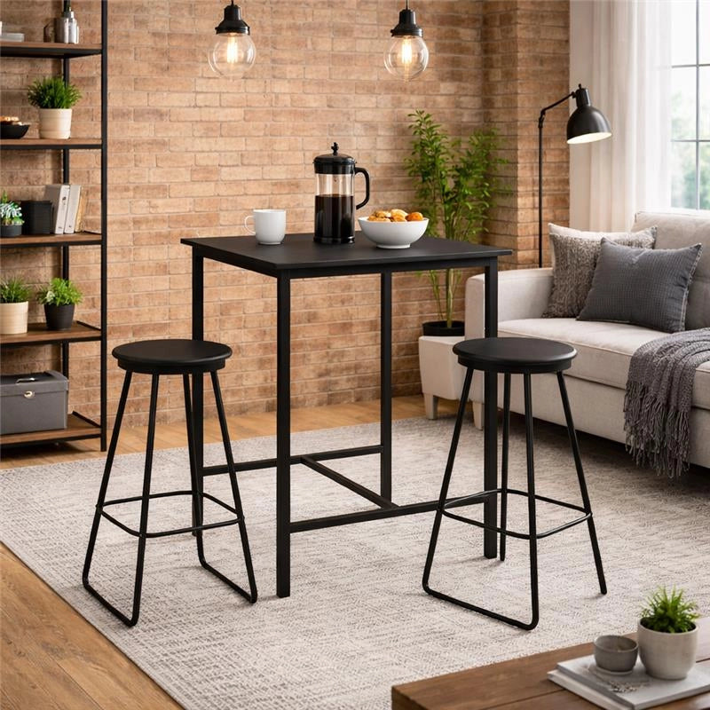 SET TAVOLO E 2 SGABELLI IN METALLO CON TOP E SEDUTE IN LEGNO NERO TAVOLO 60 X 60 X 100 CM, SGABELLI 30 X 64 CM