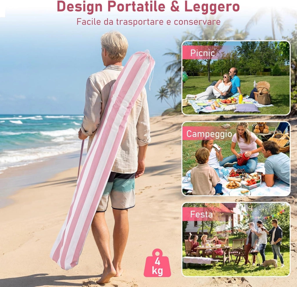 Tenda da Spiaggia Pieghevole, Tenda da Mare con Parete Laterale Rimovibile e Borsa Portatile, Regolabile in Altezza, per Spiaggia, Campeggio e Picnic (Rosa+Bianco, 185 x 185 cm)
