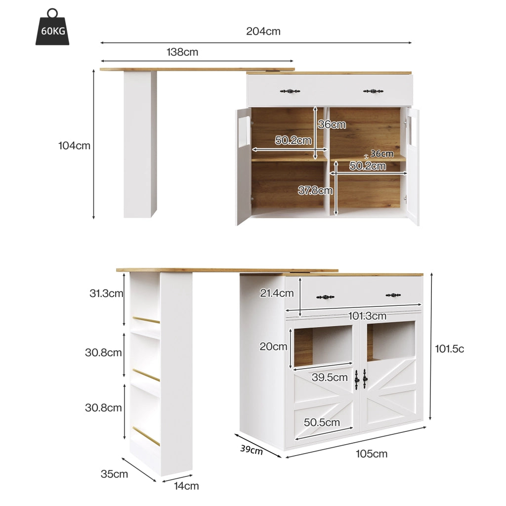 OKWISH Tavolo Bar con 1 Cassetto, Ripiani Regolabili e Rotazione a 360°, per Cucina e Sala da Pranzo, MDF, Bianco, 138-204×39×104 cm