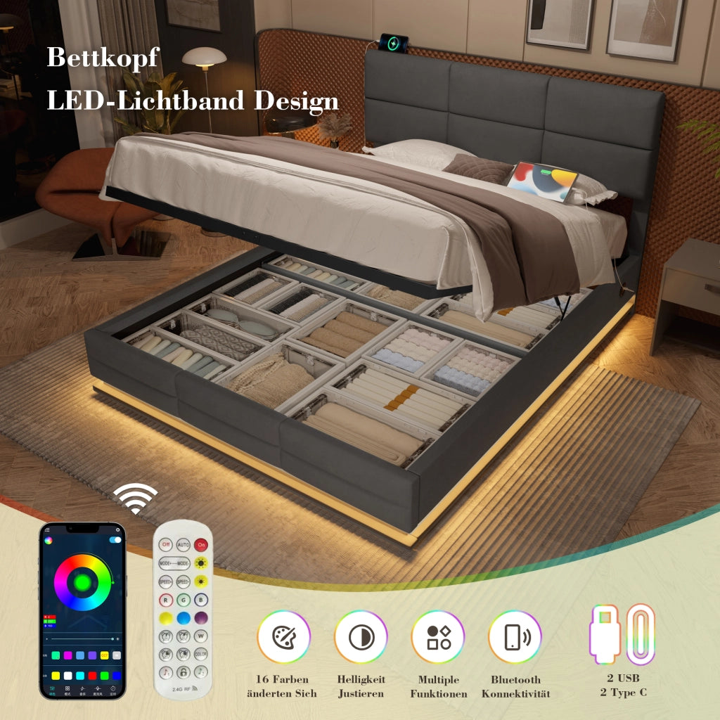 OKWISH Letto Contenitore 140×200 cm, Letto Matrimoniale con USB, Tipo C, LED Regolabile e Testiera Regolabile, senza Materasso, in Velluto, Grigio Scuro