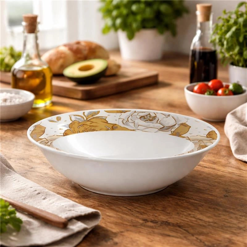 MA MAISON INSALATIERA IN PORCELLANA 22,5 CM DECORATA, CIOTOLA PER INSALATA E TAVOLA, CON MOTIVO FLOREALE ORO