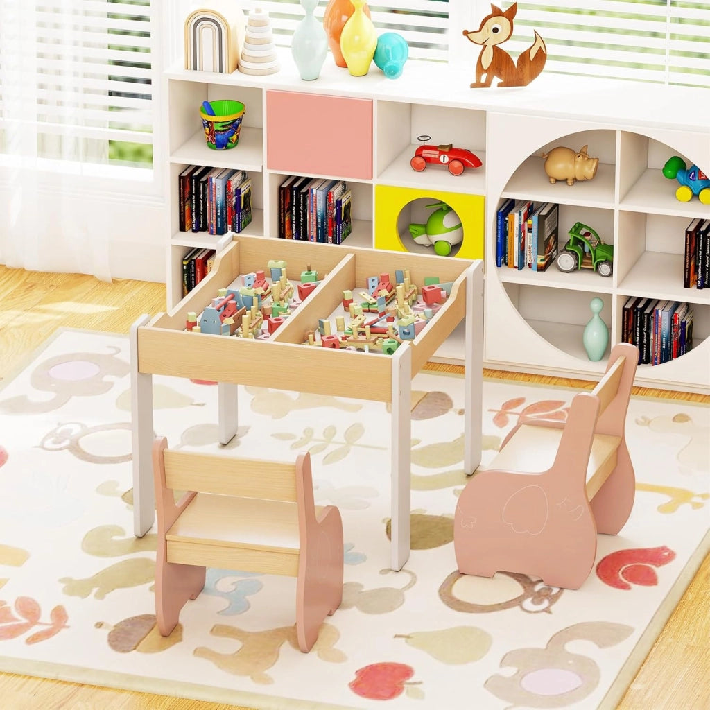 3 in 1 Set Tavolo e Sedie per Bambini, Tavolo da Attività per Bambini con 2 Sedie, Lavagna Rimovibile e Deposito, per Giocare, Disegnare e Leggere, in Legno (Rosa)