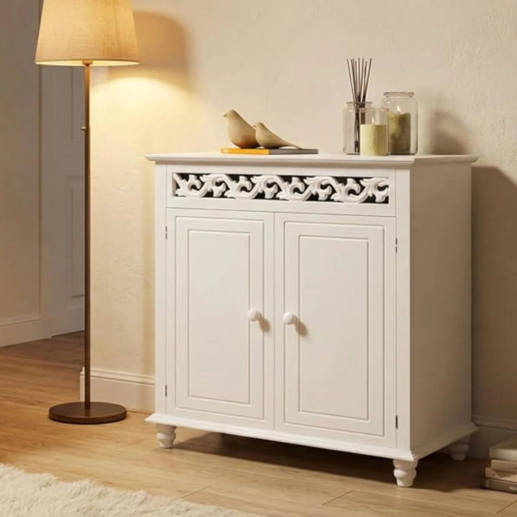 ® Mobiletto Bianco Stile Country 76x65x35cm 2 Scomparti Armadietto Multiuso con Ante Mobile Bagno Consolle Ingresso Credenza Cucina Madia Soggiorno Mobili Salone Arredamento Casa Mobile TV