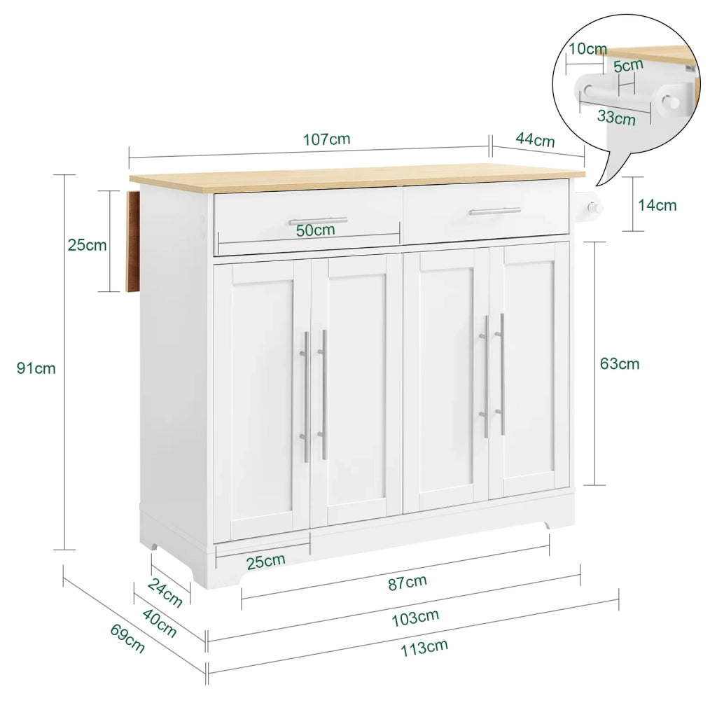 SoBuy FKW129-WN Carrello Cucina con Ruote, Isola Cucina con Piano di Lavoro Estensibile in Legno, 2 Cassetti e Ripiani Regolabili Mobile Salvaspazio per Mobili da Cucina, Bianco, L113 x P91 x H(44-69)