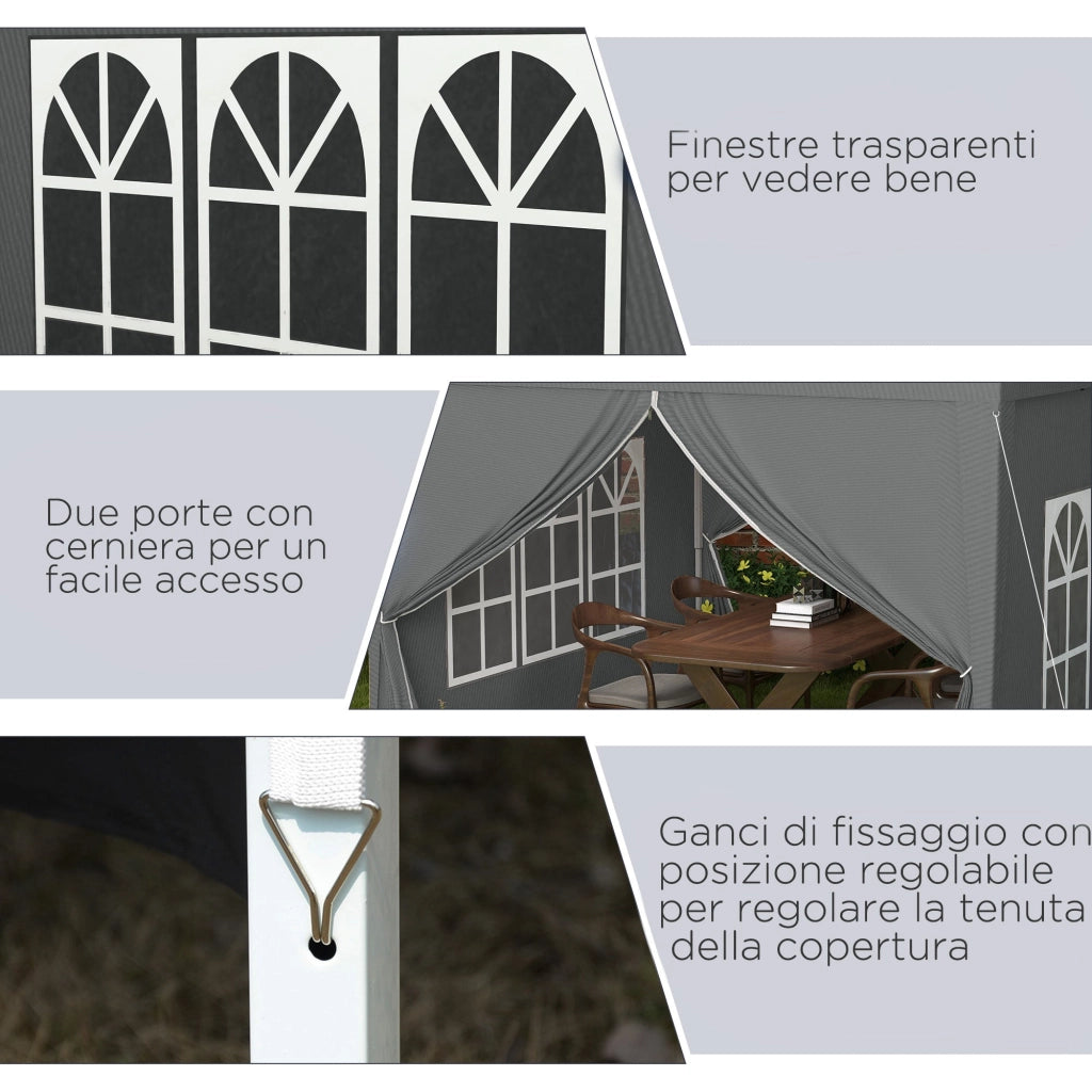 Gazebo da Giardino 3x3 m Pieghevole con 4 Pannelli Laterali in Acciaio e Tessuto Oxford Grigio