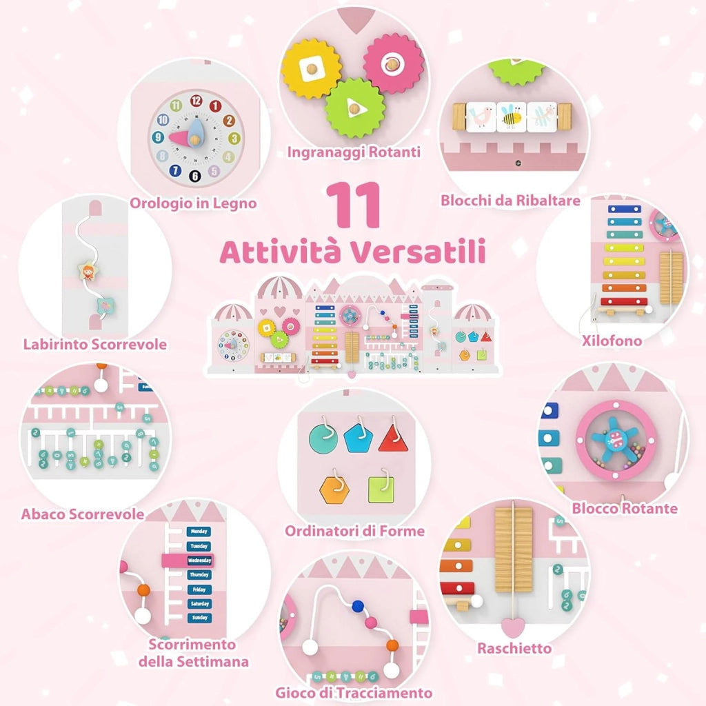 Pannelli da Parete con attività, Busy Board 11 in 1 Montessori in Legno per Sviluppo Sensoriale, Centro di attività Educativo Montato a Parete per Stanza Giochi, Asilo Nido (Castello)
