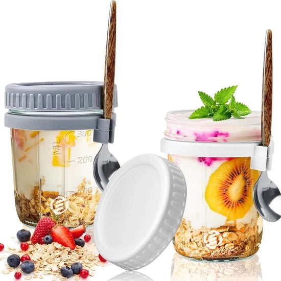 Set di contenitori per overnight oats in vetro di mason - 3 pezzi - con muesli e avena - per preparare il tuo breakfast