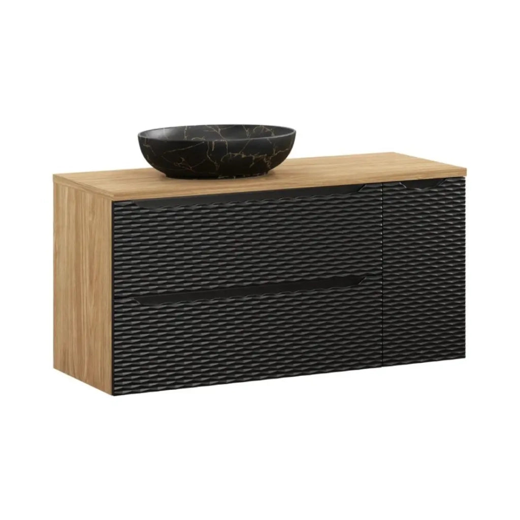 Set da bagno YOKA nero: mobile sotto lavabo 120 cm + piano per lavabo + lavabo da appoggio effetto marmo nero e oro