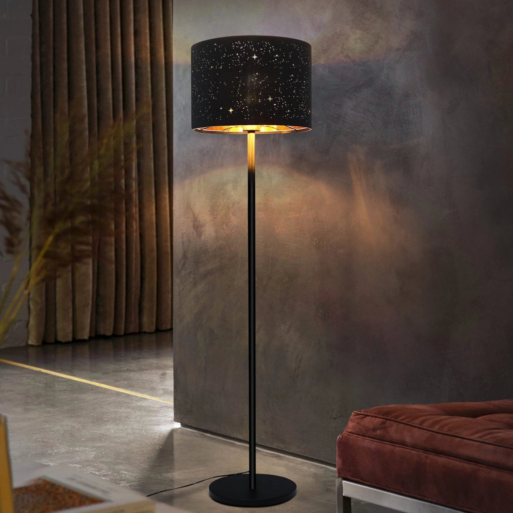 ZMH Lampada da terra moderna tessuto nero oro E27 design stella 144cm max 40W con paralume