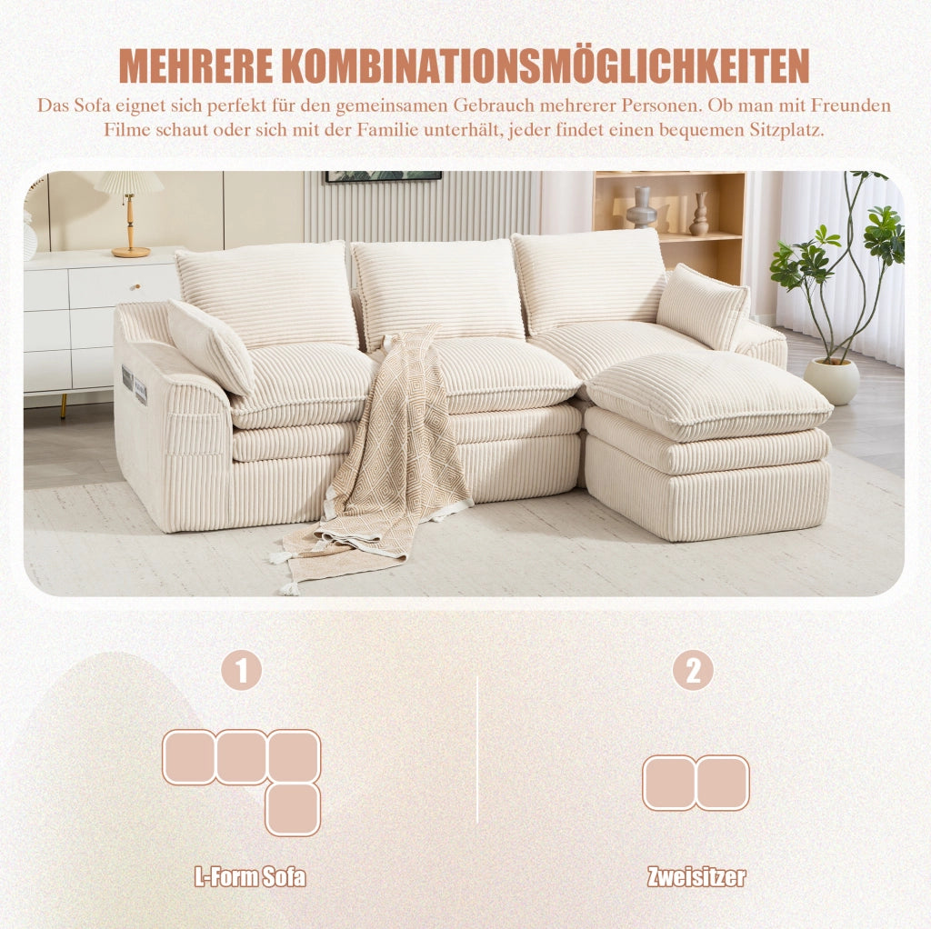 Divano modulare a 3 posti in corduroy beige con pouf; tasche laterali e cuscini 263x167x85 cm