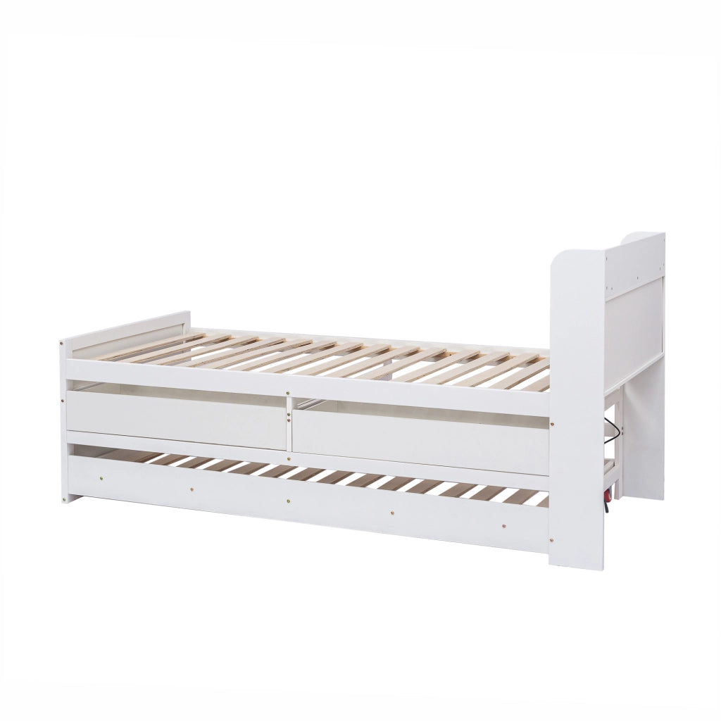 LETTO 90x190 cm in legno massello bianco con 2 cassetti, letto estraibile, USB