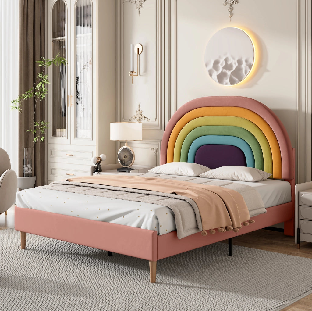 Letto imbottito 140x200 cm in velluto rosa con rete a doghe