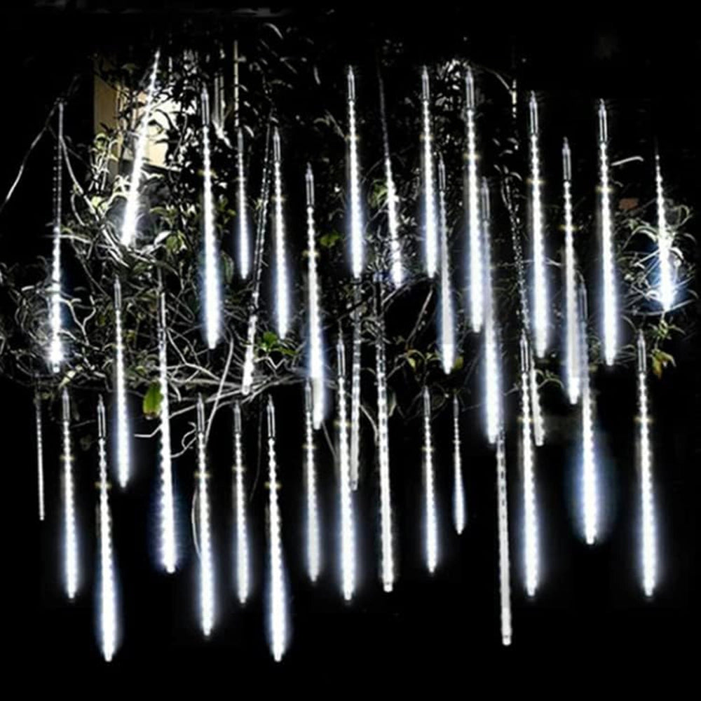 Luci di Natale Catena Luminosa natalizia a LED di 10 Meteoriti a Ricarica solare e USB con Telecomando luce fredda