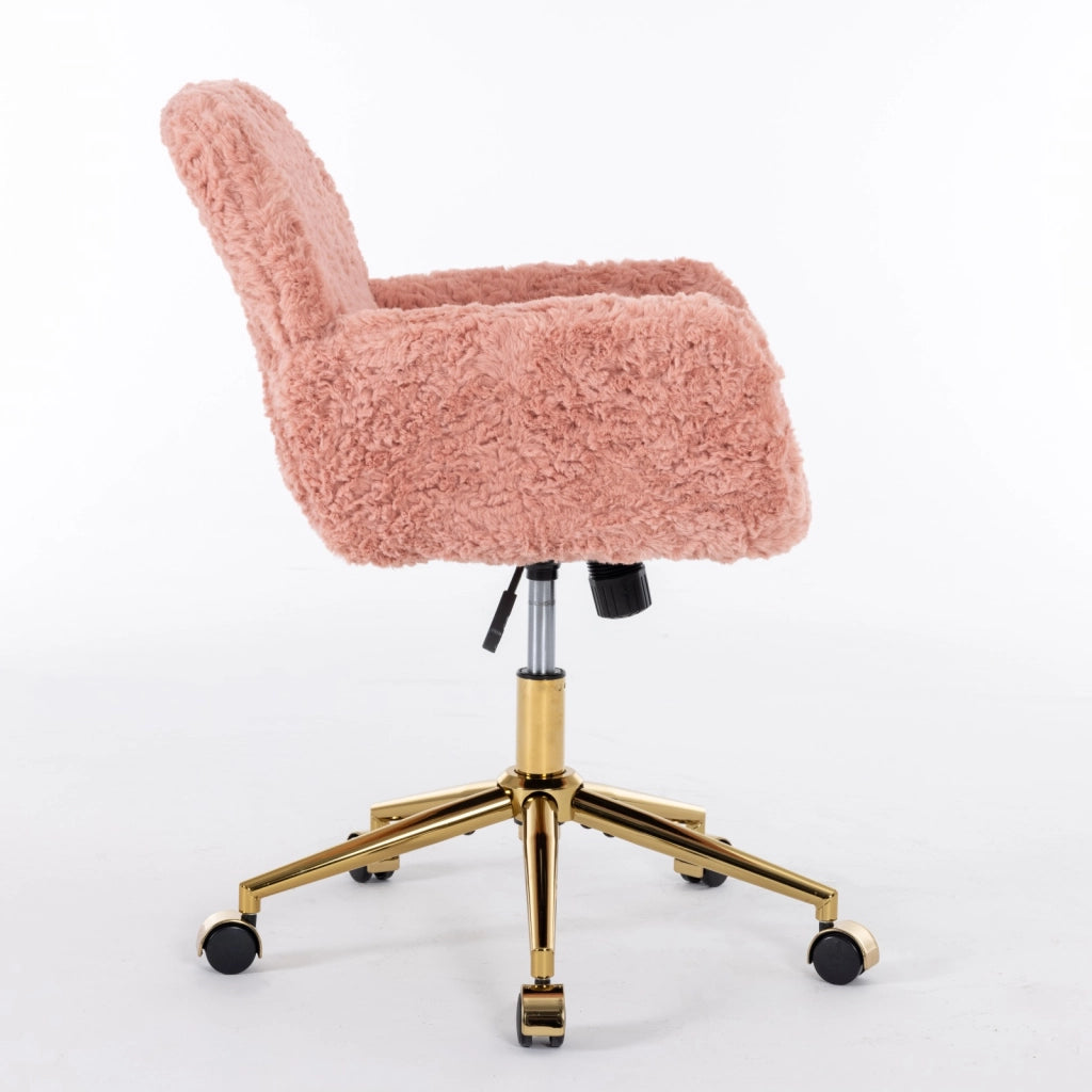 Sedia da ufficio girevole, sedia da toeletta, imitazione pelliccia di coniglio, altezza regolabile, base in metallo, rosa
