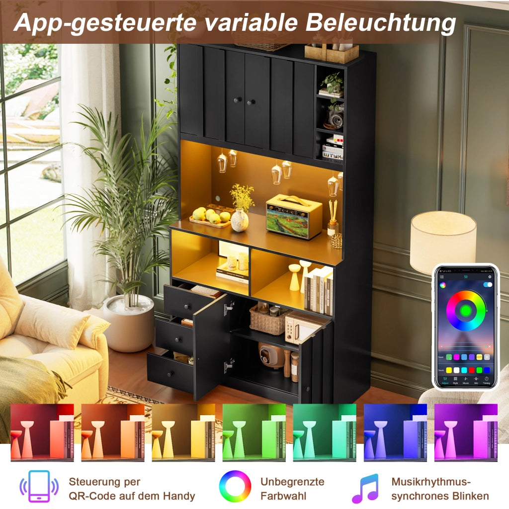 ARMADIO CUCINA 180 cm con LED, prese USB/AC, MDF nero