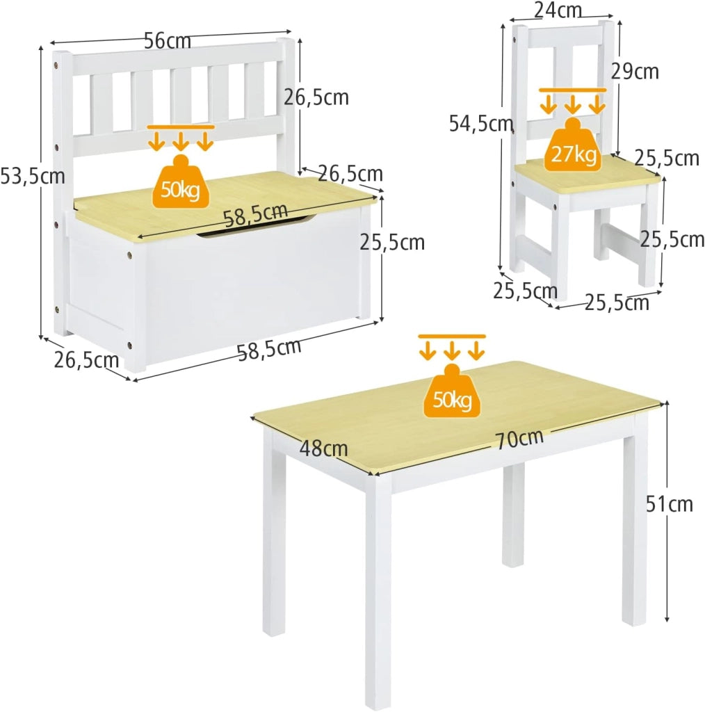 Set 4 Pezzi Tavolo e Sedie per Bambini, 2 in 1 Tavolino Attività di Legno per Bambini con 2 Sedie e 1 Panca, Per Bambini per Giocare Disegnare Leggere e Mangiare (Naturale)