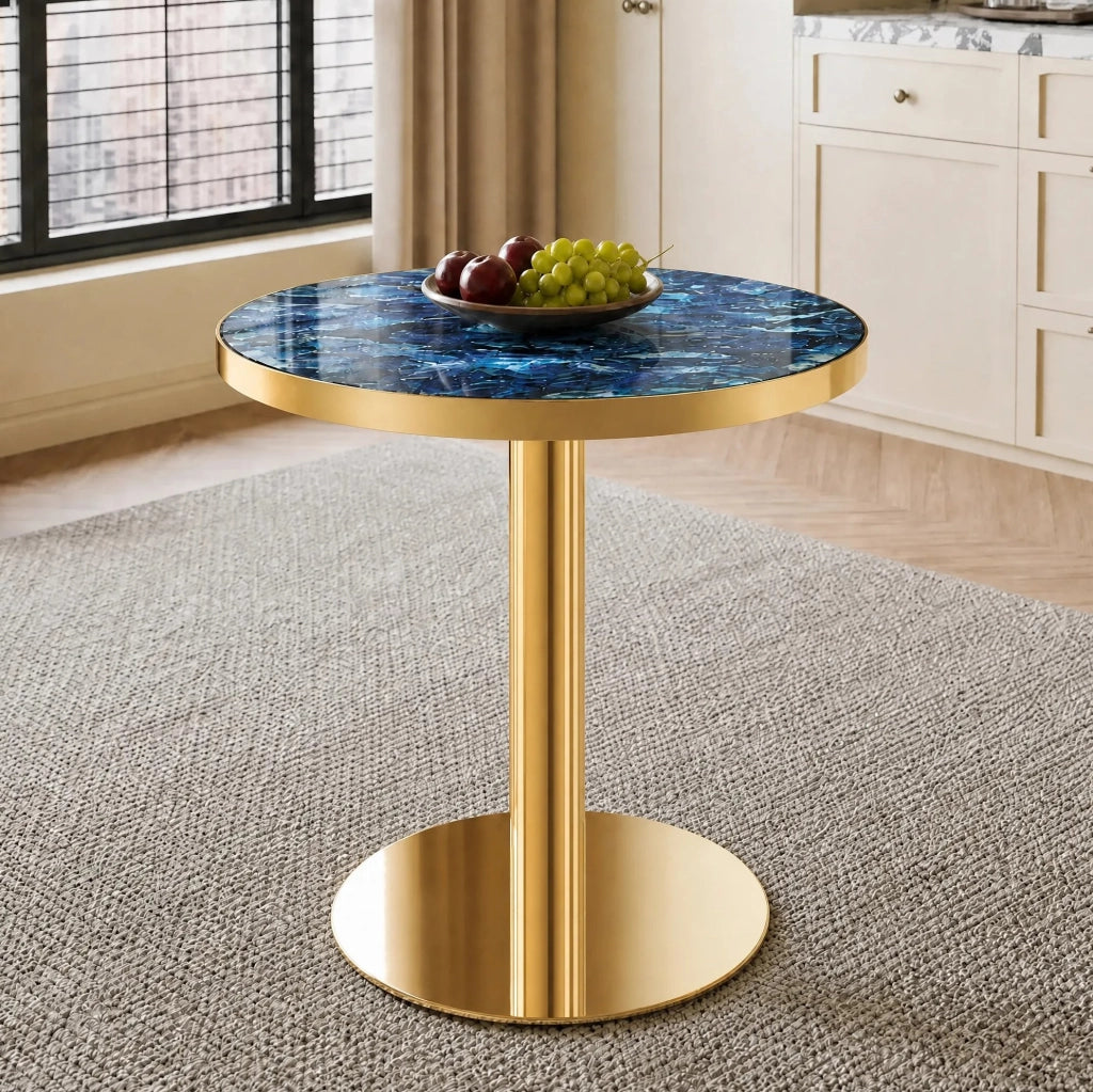 Tavolino rotondo blu effetto marmo, MDF e metallo