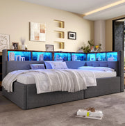 Daybed 90x200 cm grigio con LED, USB-C, vano idraulico e contenitori