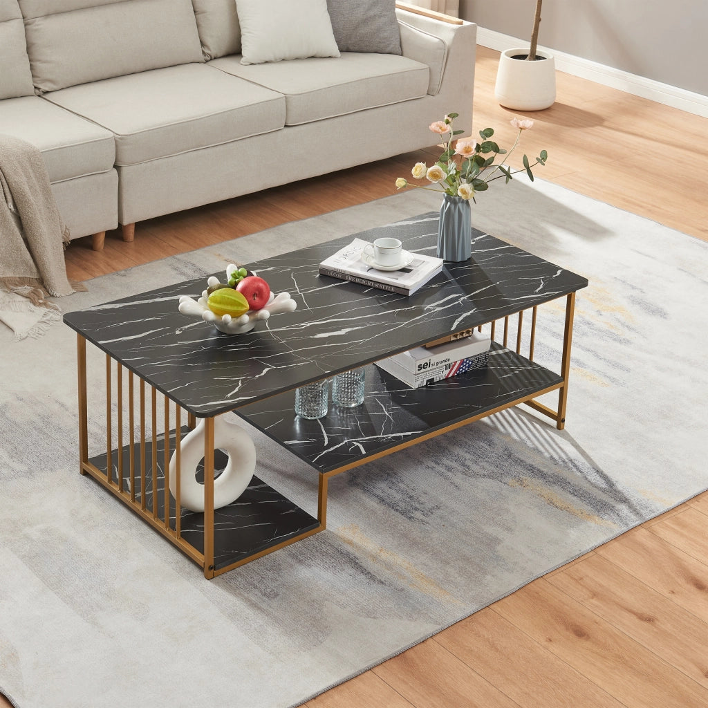 Tavolino Centrale da Salotto Klibro 120x60x42 cm Effetto Marmo Nero / Dorato [en.casa]