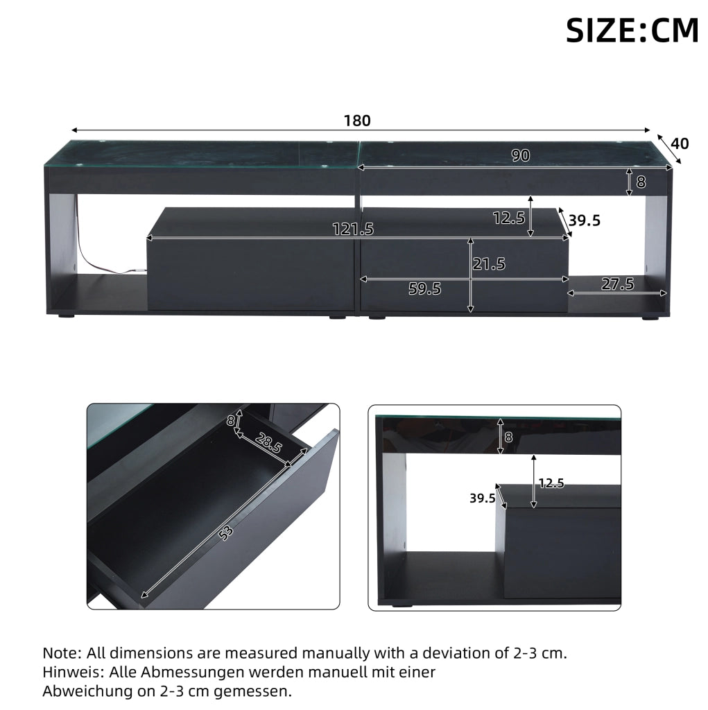 Mobile TV 180x40x46 cm con illuminazione LED e 2 cassetti in truciolato nero