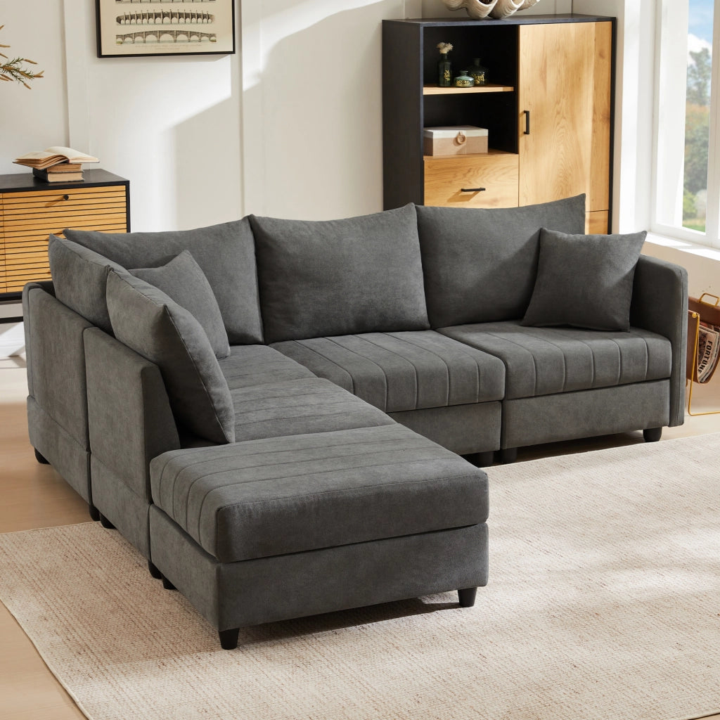 Divano angolare modulare 5 posti con pouf mobile e seduta ampia con cuscini per soggiorno in cotone e lino grigio