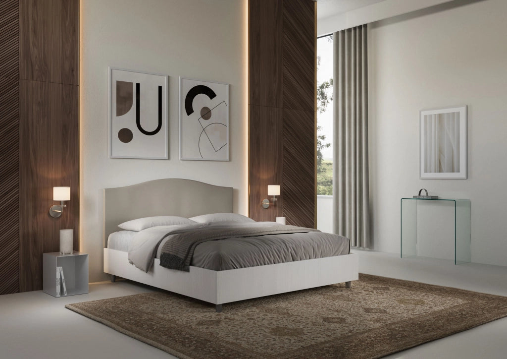Letto Matrimoniale 160x200 cm con Rete e Contenitore Alzata Comoda Struttura Bianco Frassico e Testata in Similpelle