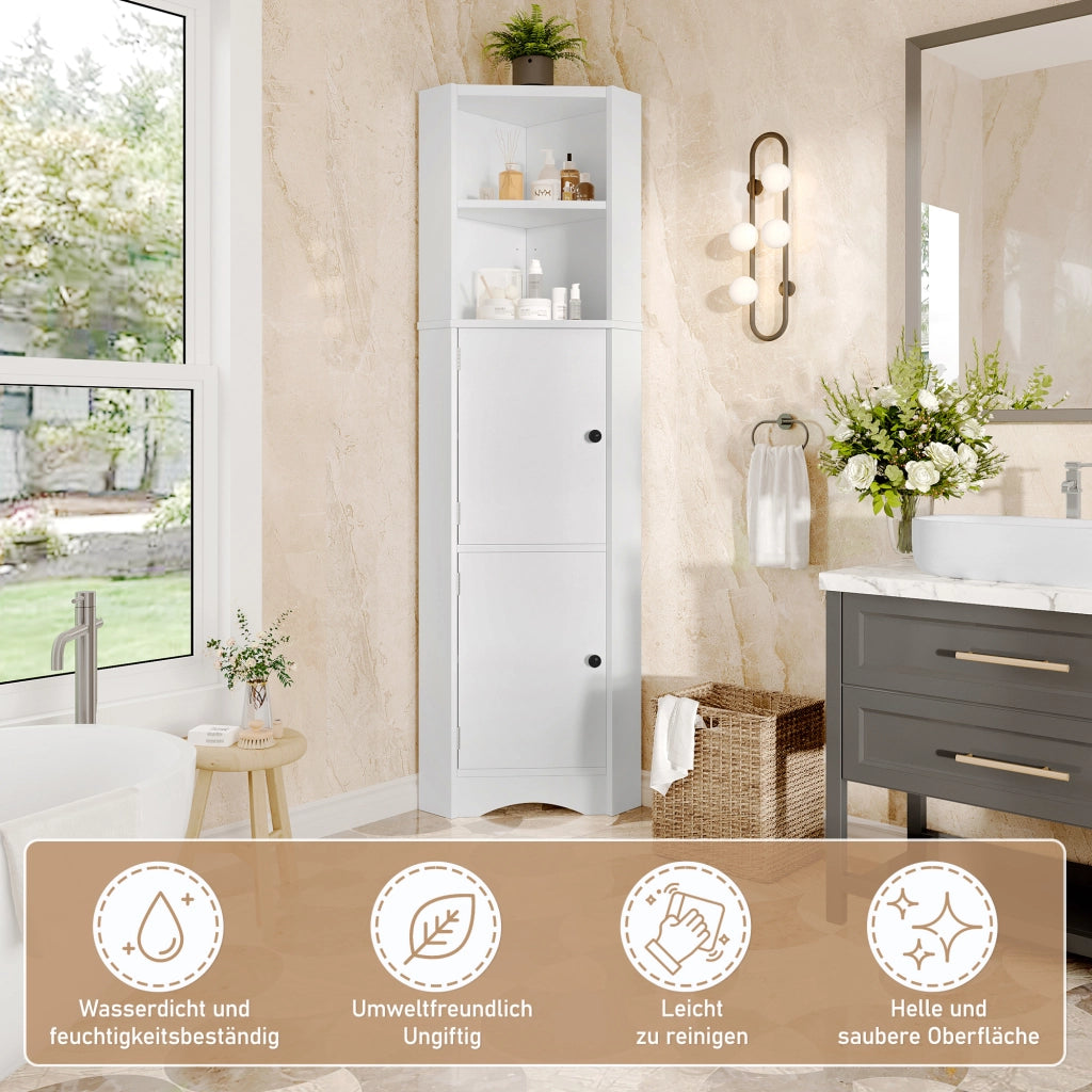 Armadietto da bagno triangolare in MDF con 2 ante e ripiani regolabili, laccato bianco 51,7 × 32 × 155,4 cm