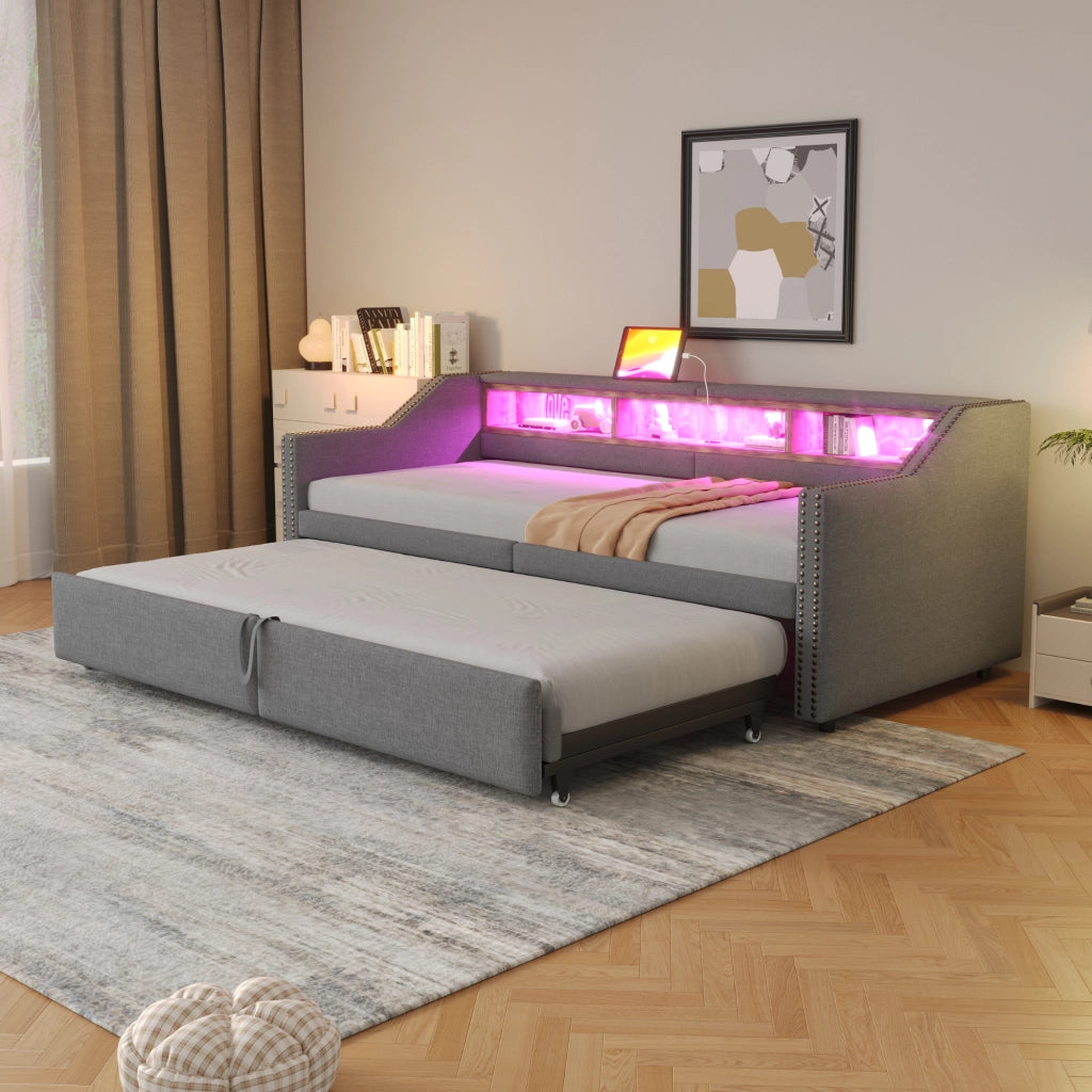 Letto estraibile imbottito matrimoniale 90×200 cm e 180×200 cm con LED; USB e ripiani; senza materasso