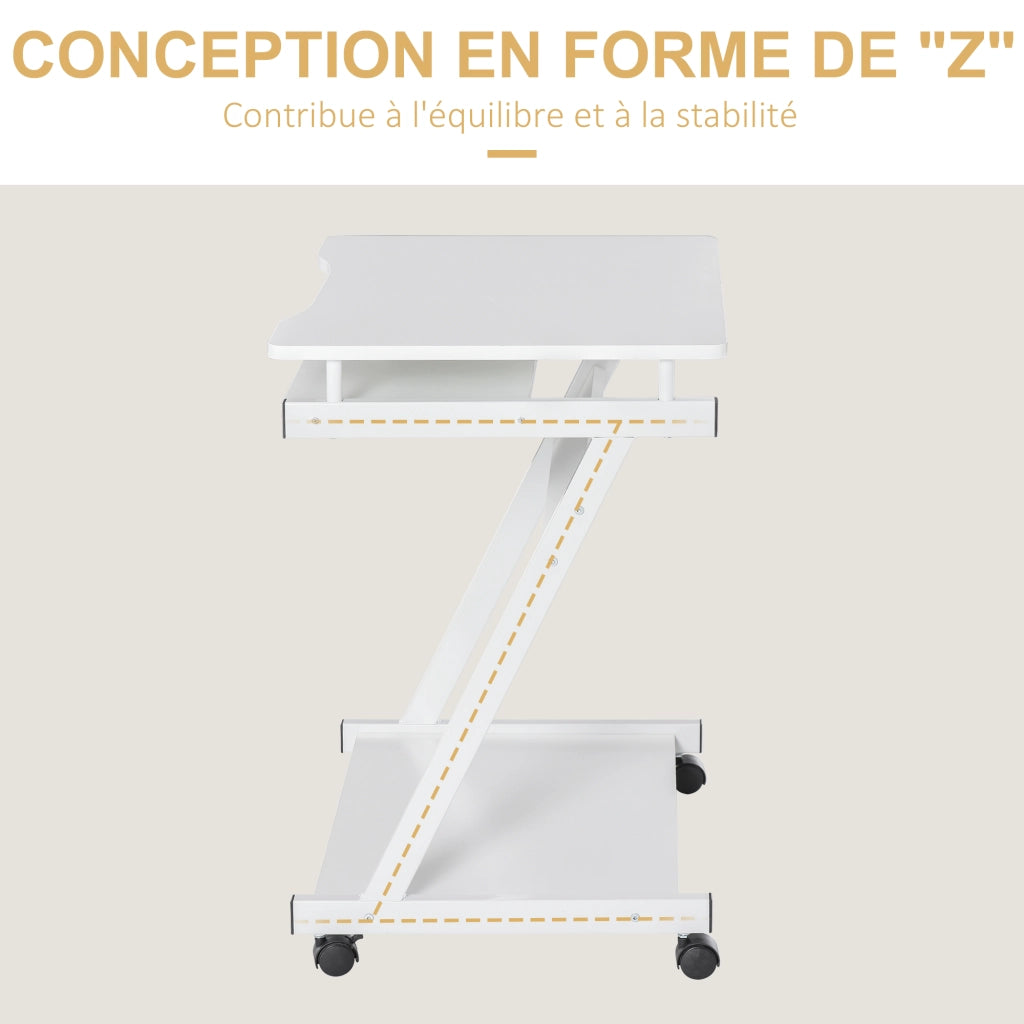 Scrivania Computer con Ruote ¨C Xylo ¨C Bianco con Ripiano Tastiera e Scaffale