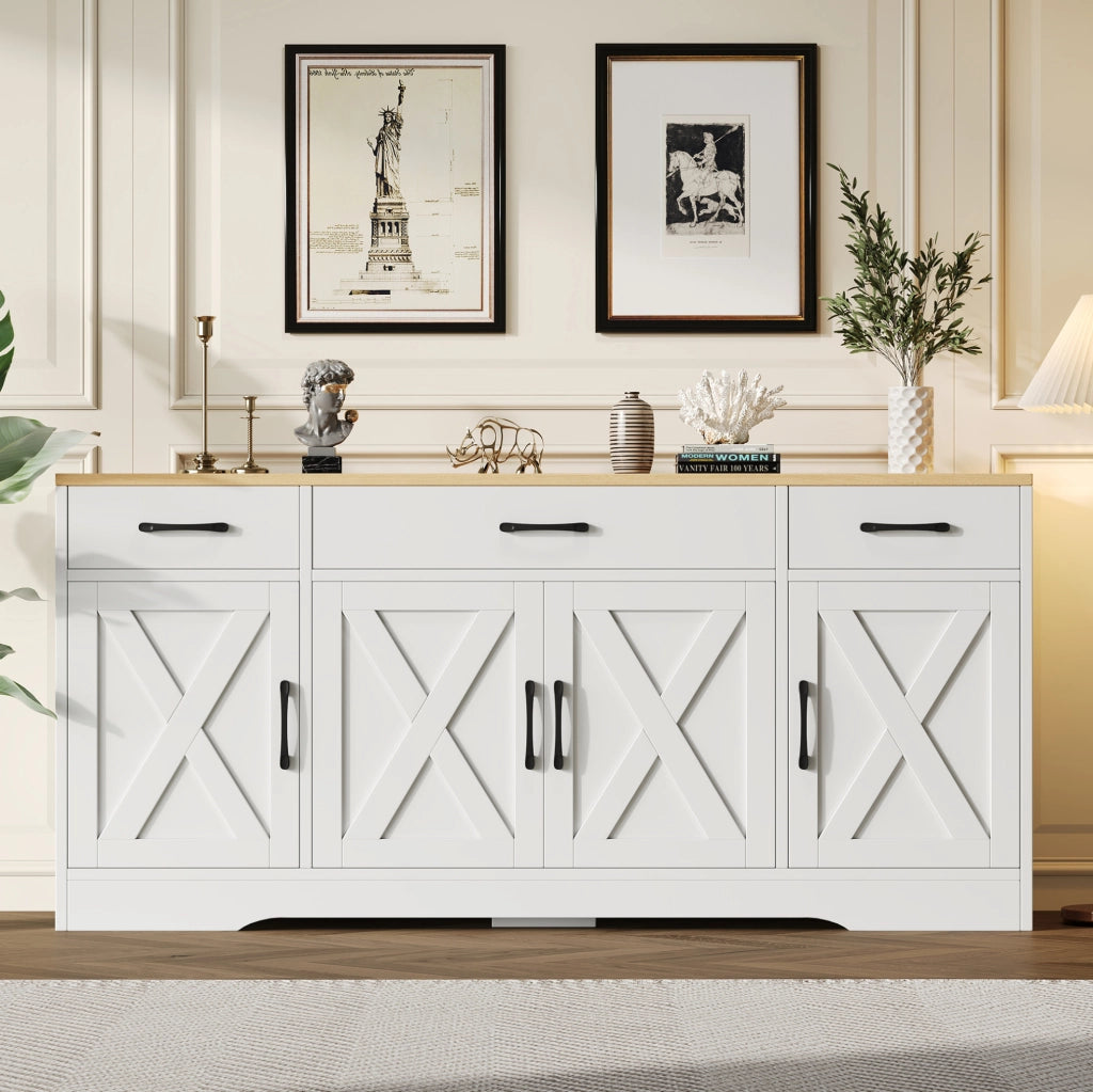 Credenza bianca in MDF con 3 cassetti e 4 ante