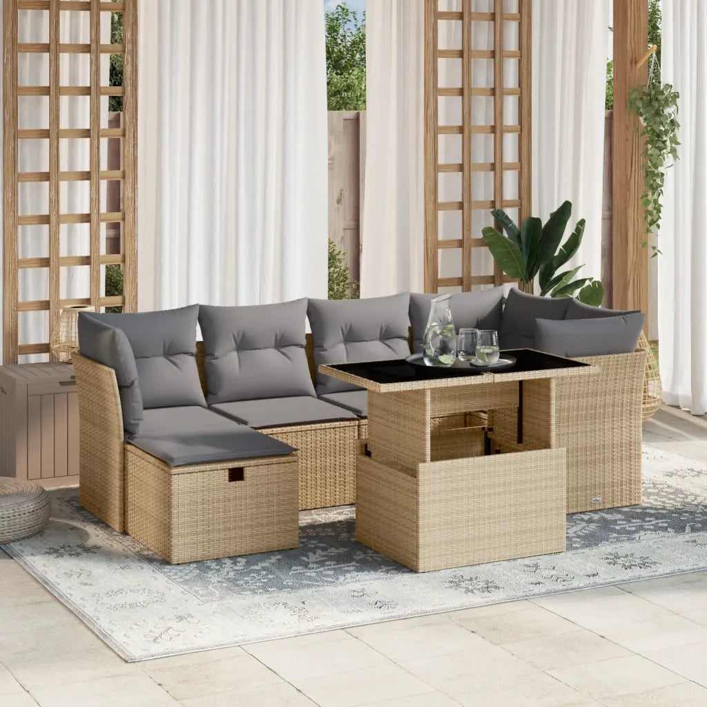 Set Divani da Giardino 7 pz con Cuscini Beige in Polyrattan
