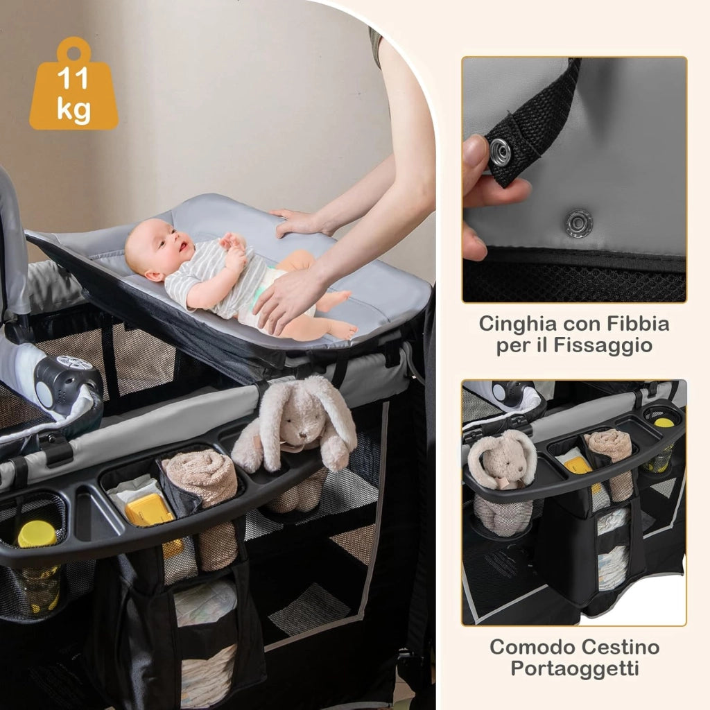 6 in 1 Lettino da Campeggio per Bambini, Culla Viaggio con Materasso, Fasciatoio e Giocattolo, Box Portatile Pieghevole, Ruote Bloccabili, per Banbini 0-3 Anni (Grigio, 105,5 x 73,5 x 77 cm)