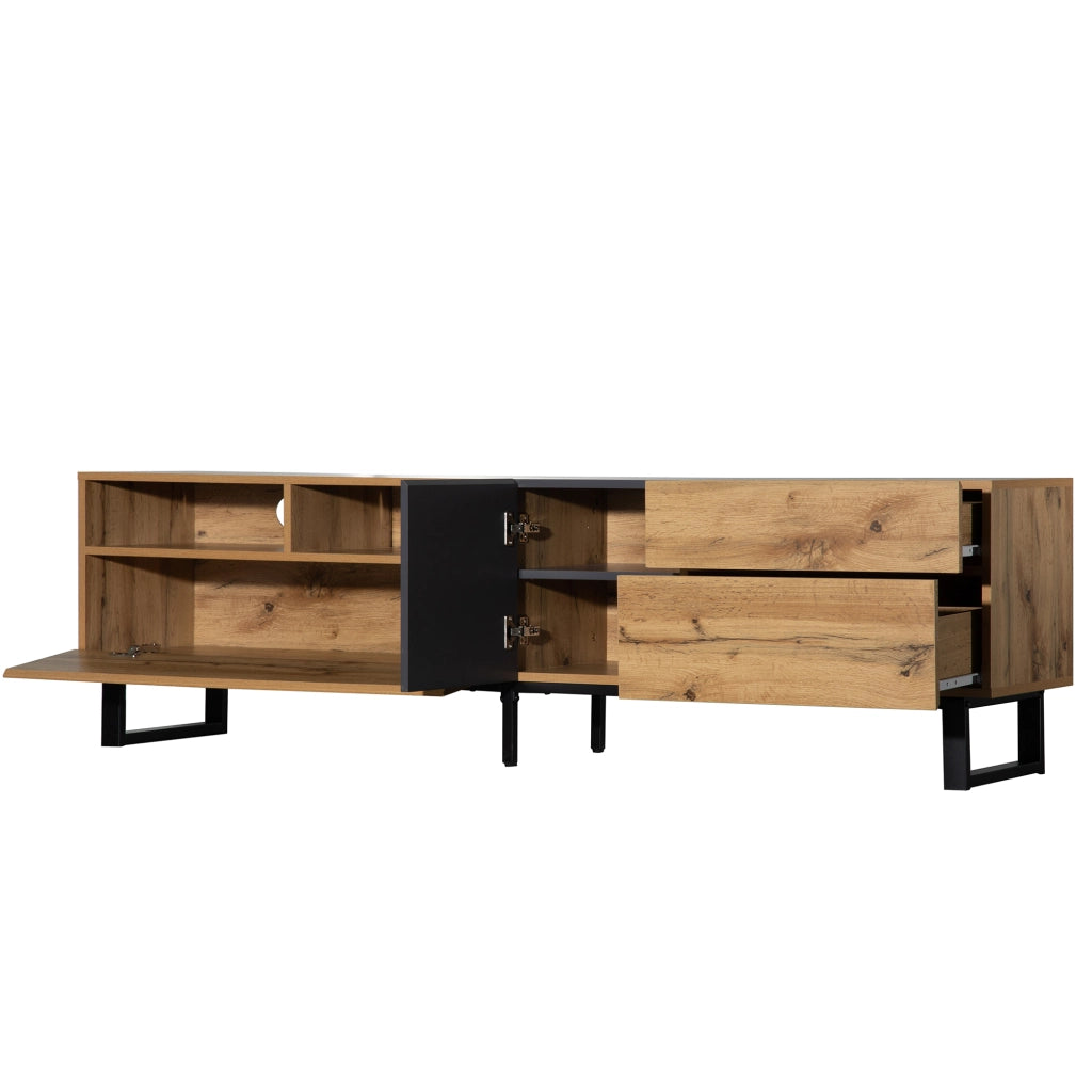 Mobile TV 180 cm con 1 anta, 2 cassetti e 2 vani contenitore, stile moderno, per soggiorno, in MDF, nero