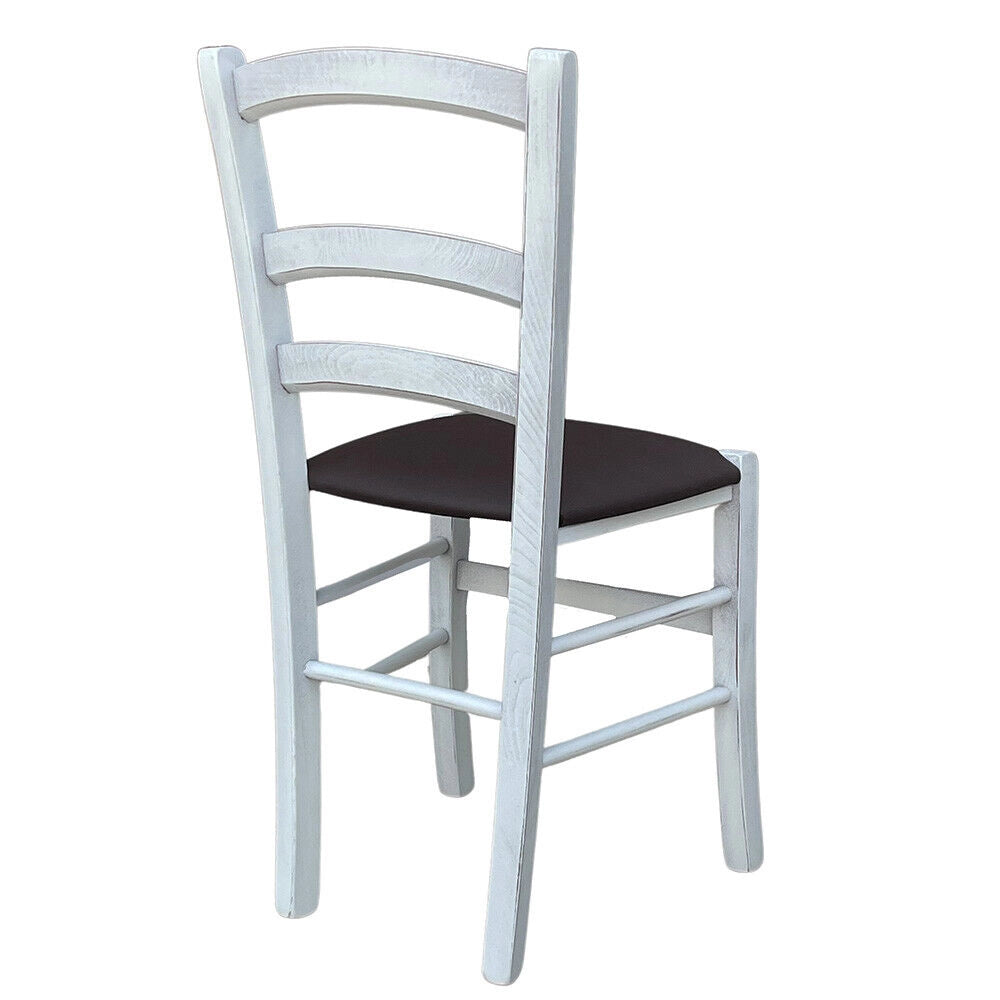 Sedia in legno venezia anticata bianca con seduta similpelle color marrone