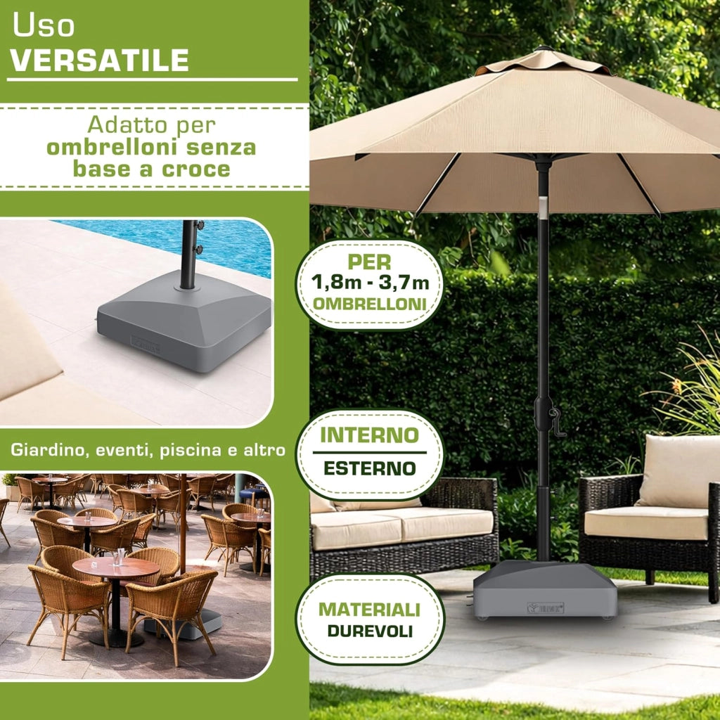 tillvex® Base per ombrellone GRAVIA e Ruote e Freni | Zavorra ombrellone riempibile 37L/56kg | Piedistallo per ombrelloni Giardino e Mercato Ø1,8-3,7m | Resistente a intemperie e UV (Antracite)