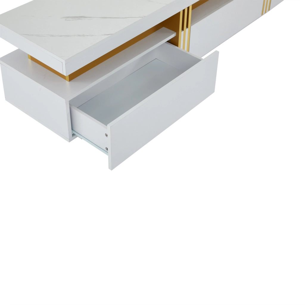 Mobile TV con 3 Cassetti e Passacavi; Piano Effetto Marmo; Stile Moderno; in Pannello Truciolare; 200??40??42 cm; Bianco