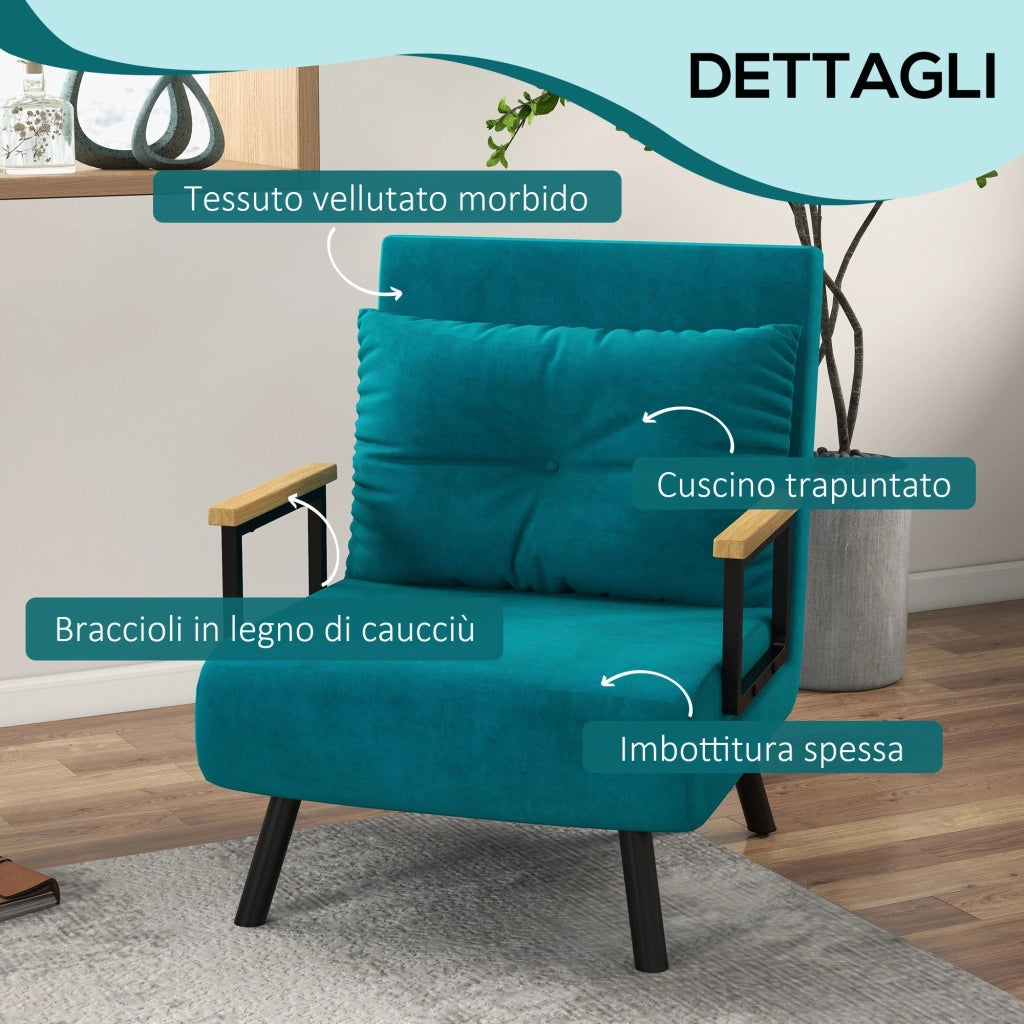 Poltrona Letto Singolo Reclinabile con Cuscino Sfoderabile in Tessuto Effetto Lino Blu Scuro