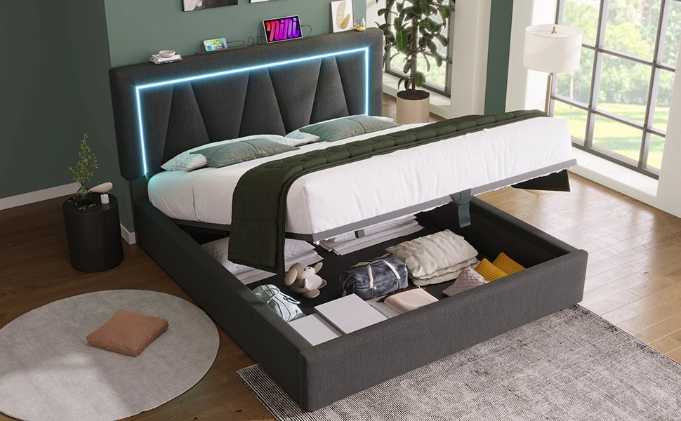 DESMIU Letto Matrimoniale 140 × 200 cm con LED, USB e Type C, contenitore idraulico, con materasso, in lino, grigio