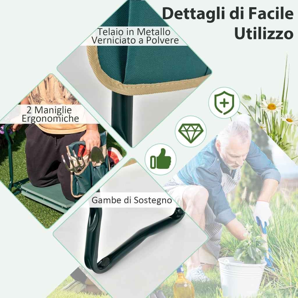 Inginocchiatoio da Giardino 2 in 1 Portatile e Pieghevole, Sgabello da Giardino con Grande Borsa per Attrezzi, Sedile per Giardinaggio per Inginocchiare e Sedere